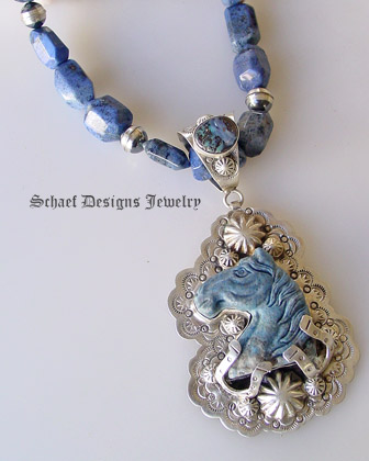 Schaef Designs Denim Lapis & Boulder Opal carved horse pendant | Dumortierite & vintage antiqued sterling silver bead necklace | Blue Coral Adjustable 3 strand necklace | online upscale Southwestern & Equine Jewelry Gallery Boutique | Schaef Designs Southwestern & Equine Jewelry | San Diego CA 