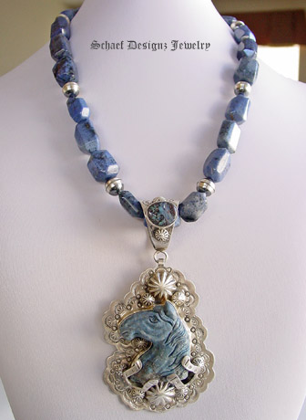 Schaef Designs Denim Lapis & Boulder Opal carved horse pendant | Dumortierite & vintage antiqued sterling silver bead necklace | online upscale Southwestern & Equine Jewelry Gallery Boutique | Schaef Designs Southwestern & Equine Jewelry | San Diego CA 