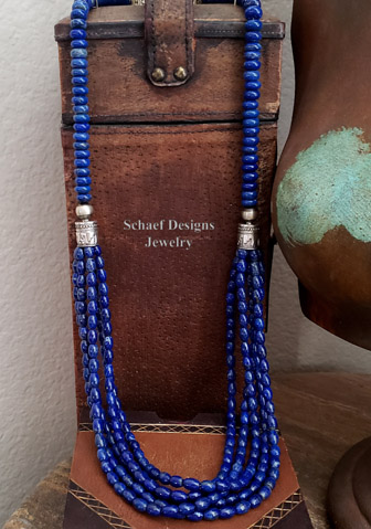Schaef Designs cobalt blue lapis lazuli and sterling silver tube bead multi strand long Southwestern necklace | Arizona