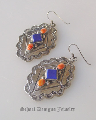 Vintage Pawn Lapis, Orange Spiny Oyster shell, & sterling silver diamond concho wire Earrings | Native American Turquoise online Jewelry Gallery | Schaef Designs Collectible artisan handcrafted Southwestern & Equine Jewelry | San Diego CA  
