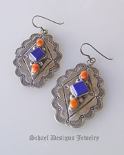  Vintage Pawn Lapis, Orange Spiny Oyster shell, & sterling silver diamond concho wire Earrings | Native American Turquoise online Jewelry Gallery | Schaef Designs Collectible artisan handcrafted Southwestern & Equine Jewelry | San Diego CA 