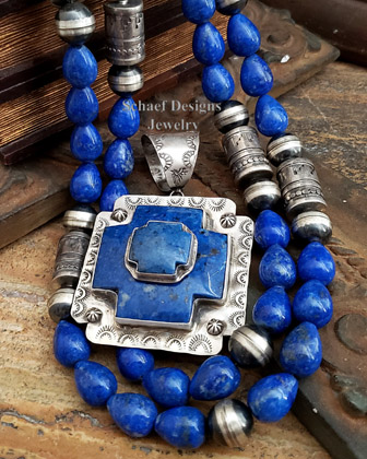 Schaef Designs Deep blue lapis & sterling silver stacked square cross Southwestern pendant | Arizona 