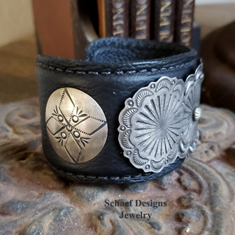   Dark brown leather & sterling silver concho cuff bracelet | Schaef Designs | Arizona