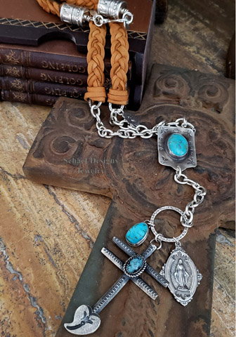 Schaef Designs Rosary style necklace of braided deerskin chain cross & turquoise | Arizona 