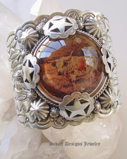 Schaef Designs Antique Bridle Rosette Longhorn Steer & Lone star cuff bracelet | Antique Bridle Rosette Jewelry | Horse jewelry | Upscale online Southwestern Turquoise Native American Equine Jewelry Gallery Boutique | Schaef Designs Southwestern Turquoise Jewelry | San Diego CA 
