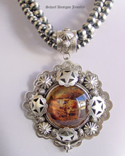Schaef Designs Antique Bridle Rosette Longhorn Steer & Lone star Pendant on 3 strand antiqued sterling silver bead necklace | Antique Bridle Rosette Jewelry | Horse jewelry | Upscale online Southwestern Turquoise Native American Equine Jewelry Gallery Boutique | Schaef Designs Southwestern Turquoise Jewelry | San Diego CA 