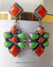 Rocki Gorman Green Turquoise & Apple Coral Margarita Earrings | Many Stones Collection | American Indian Handcrafted Jewelry 