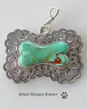 Turquoise Dog Bones on Stamped Silver Dog Bone Dog Tag | Schaef Designs In Dog We Trust Collection | by Bobby Schaefer | Dog Jewelry | online pet jewelry boutique | Exclusive Bobby Schaefer Designs Copywritten all rights reserved | New Mexico 