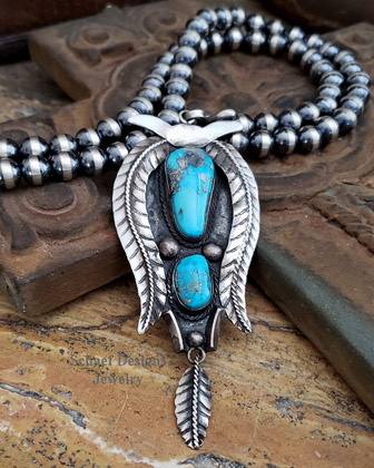 Schaef Designs Morenci turquoise & sterling silver old pawn Native American Pendant on Navajo Pearl Necklace | Arizona 