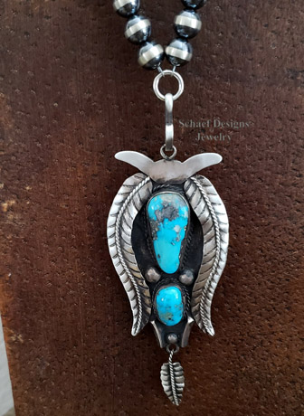 Schaef Designs Morenci turquoise & sterling silver old pawn Native American Pendant on Navajo Pearl Necklace | Arizona 