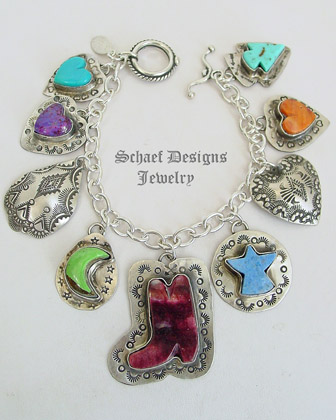 Schaef Designs Sleeping Beauty Turquoise, lapis, apple coral & sterling silver charm bracelet necklace with vintage & native american charms | Scottsdale  
