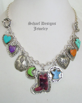 Schaef Designs Sleeping Beauty Turquoise, lapis, apple coral & sterling silver charm bracelet necklace with vintage & native american charms | Scottsdale  
