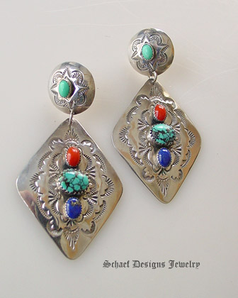 Old Pawn diamond concho & lapis turquoies coral multi stone post Earrings | | online upscale Southwestern Native American Equine jewelry gallery boutique | Schaef Designs artisan handcrafted Jewelry | San Diego CA  