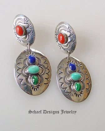 Multi stone turquoise, lapis, coral, & malachite Wilbert Scatero concho post Earrings | | online upscale Southwestern Native American Equine jewelry gallery boutique | Schaef Designs artisan handcrafted Jewelry | San Diego CA 
