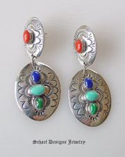 Multi stone turquoise, lapis, coral, & malachite Wilbert Scatero concho post Earrings | | online upscale Southwestern Native American Equine jewelry gallery boutique | Schaef Designs artisan handcrafted Jewelry | San Diego CA 