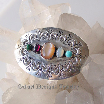 Multi stone & sterling silver handstamped sterling silver native american artist signed pin brooch | Schaef Designs artisan handcrafted Native American Southwestern Turquoise Jewelry | San Diego CA  