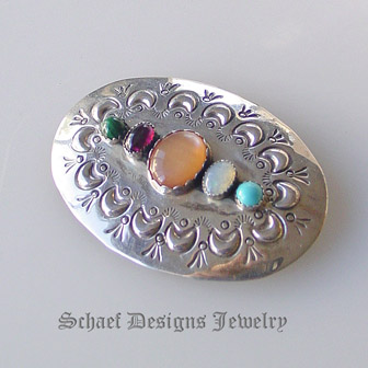 Multi stone & sterling silver handstamped sterling silver native american artist signed pin brooch | Schaef Designs artisan handcrafted Native American Southwestern Turquoise Jewelry | San Diego CA  