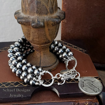 Schaef Designs sterling silver 5 strand navajo pearl bracelet with standing liberty quarter charm | Arizona 