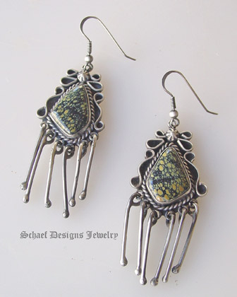 Schaef Designs artist signed New Lander Turquoise & Sterling silver dangles french wire earrings | Collectible Native American Turquoise online Jewelry gallery | Schaef Designs Collectible artisan handcrafted Southwestern & Equine Jewelry | San Diego CA  