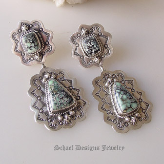 Schaef Designs artist signed New Lander Turquoise & Sterling silver double post earrings| Collectible Native American Turquoise online Jewelry gallery | Schaef Designs Collectible artisan handcrafted Southwestern & Equine Jewelry | San Diego CA 