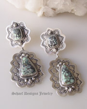 Schaef Designs artist signed New Lander Turquoise & Sterling silver double post earrings| Collectible Native American Turquoise online Jewelry gallery | Schaef Designs Collectible artisan handcrafted Southwestern & Equine Jewelry | San Diego CA 