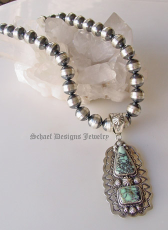 Schaef Designs artist signed New Lander Turquoise & Sterling silver pendant & necklace | Collectible Native American Turquoise online Jewelry gallery | Schaef Designs Collectible artisan handcrafted Southwestern & Equine Jewelry | San Diego CA