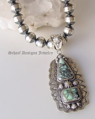 Schaef Designs artist signed New Lander Turquoise & Sterling silver pendant & necklace | Collectible Native American Turquoise online Jewelry gallery | Schaef Designs Collectible artisan handcrafted Southwestern & Equine Jewelry | San Diego CA 