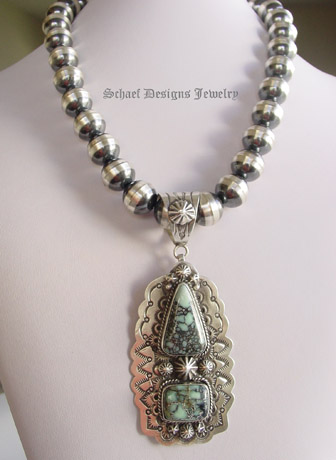 Schaef Designs artist signed New Lander Turquoise & Sterling silver pendant & necklace | Collectible Native American Turquoise online Jewelry gallery | Schaef Designs Collectible artisan handcrafted Southwestern & Equine Jewelry | San Diego CA