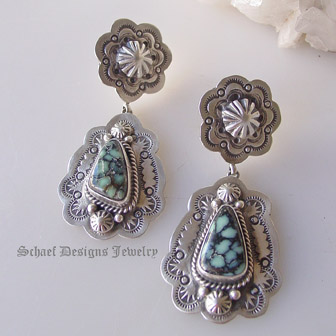  Schaef Designs artist signed New Lander Turquoise & Sterling silver double post earrings| Collectible Native American Turquoise online Jewelry gallery | Schaef Designs Collectible artisan handcrafted Southwestern & Equine Jewelry | San Diego CA  