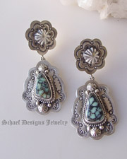 Schaef Designs artist signed New Lander Turquoise & Sterling silver double post earrings| Collectible Native American Turquoise online Jewelry gallery | Schaef Designs Collectible artisan handcrafted Southwestern & Equine Jewelry | San Diego CA  