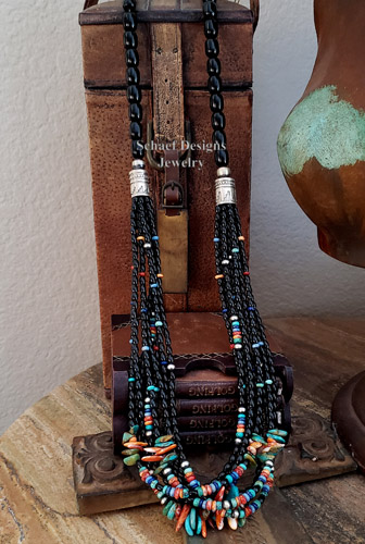Schaef Designs Black Onyx & Multi Color Tab Long Multi Strand Southwestern Necklace | Arizona