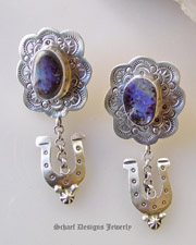 Schaef Designs Boulder Opal Concho Horseshoe Earrings | Upscale online Southwestern Turquoise Native American Equine Jewelry Gallery Boutique | Schaef Designs Southwestern Turquoise Jewelry | San Diego CA 