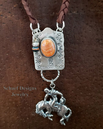 Schaef Designs Orange Spiny Oyster Shell & Sterling Silver Equestrian Braided Deerskin Dog Tag Necklace | Arizona 