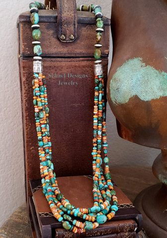 Schaef Designs Orange Spiny green Turquoise & Sterling Silver Navajo Pearl Saucer Bead 5 Strand Long Multi Necklace | Arizona