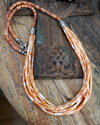 Schaef Designs Long orange spiny oyster & sterling silver multi strand Southwestern necklace | Arizona