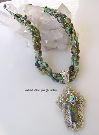 Schaef Designs Capistrano Cross pendant | Green Turquoise with peridot| Upscale online Southwestern, Equine, & Native American Jewelry Gallery Boutique | Schaef Designs artisan handcrafted Jewelry | San Diego CA