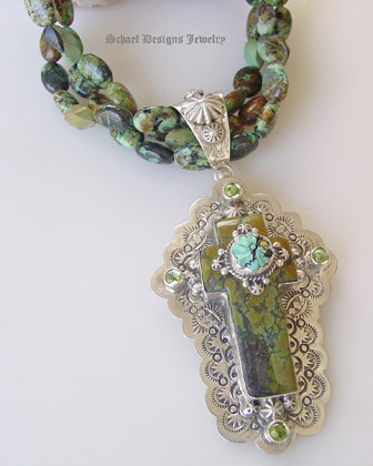 Schaef Designs Capistrano Cross pendant | Green Turquoise with peridot| Upscale online Southwestern, Equine, & Native American Jewelry Gallery Boutique | Schaef Designs artisan handcrafted Jewelry | San Diego CA
