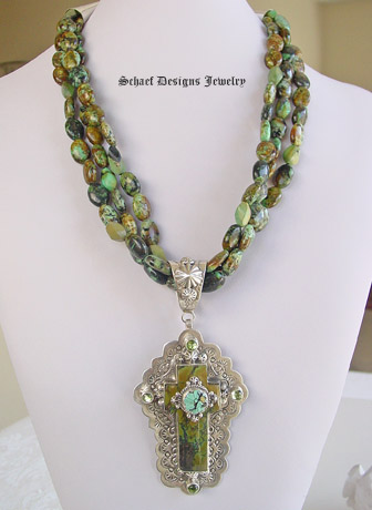 Schaef Designs Capistrano Cross pendant | Green Turquoise with peridot| Upscale online Southwestern, Equine, & Native American Jewelry Gallery Boutique | Schaef Designs artisan handcrafted Jewelry | San Diego CA