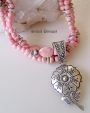 Rocki Gorman Jewelry Mother of Pearl Flower Cluster Pendant Charm on Schaef Designs Pink Rhodochrosite & Sterling Silver Necklace| Vintage Collection | handcrafted by Native American Artist | Schaef Designs | San Diego, CA 