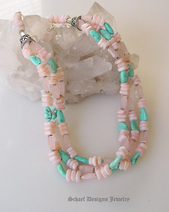 Pink Mother of Pearl, Rose Quartz, Rare Dry Creek Turquoise Nugget & Sterling Silver 3-Strand handcrafted Necklace for Rocki Turquoise Cross Pendant | Schaef Designs Jewelry | San Diego, CA