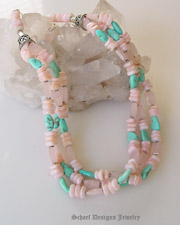 Pink Mother of Pearl, Rose Quartz, Rare Dry Creek Turquoise Nugget & Sterling Silver 3-Strand handcrafted Necklace for Rocki Turquoise Cross Pendant | Schaef Designs Jewelry | San Diego, CA 