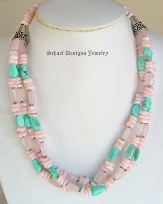Pink Mother of Pearl, Rose Quartz, Rare Dry Creek Turquoise Nugget & Sterling Silver 3-Strand handcrafted Necklace for Rocki Turquoise Cross Pendant | Schaef Designs Jewelry | San Diego, CA
