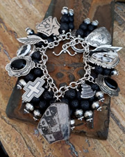 Schaef Designs Pottery shard, new lander amber & Sterling Silver Charm Bracelet with Navajo charms | New Mexico 