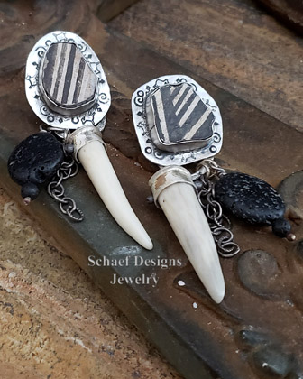 Schaef Designs Anasazi Pottery Shard, lava stone, & sterling silver chain post earrings | Arizona 