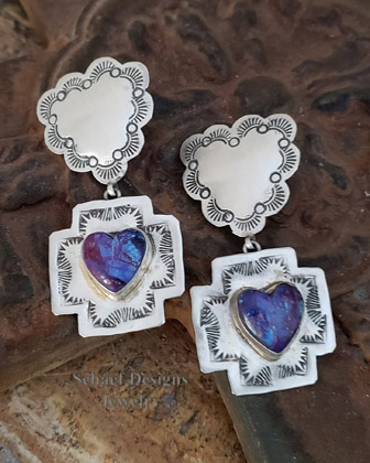 Schaef Designs Purple Turquoise Heart Charm on Sterling Silver Reversible Heart Crosspath Earrings | Upscale Native American Southwestern & Equine online Jewerly Gallery | Schaef Designs artisan handcrafted jewelry | San Diego CA   