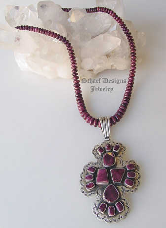 Leroy James purple spiney oyster shell & sterling silver artist signed collectible cross pendant on purple spiny oyster shell necklace by Schaef Designs | online upscale native american jewelry boutique gallery| Schaef Designs Southwestern turquoise Jewelry | San Diego, CA