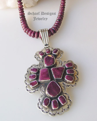 Leroy James purple spiney oyster shell & sterling silver artist signed collectible cross pendant on purple spiny oyster shell necklace by Schaef Designs | online upscale native american jewelry boutique gallery| Schaef Designs Southwestern turquoise Jewelry | San Diego, CA