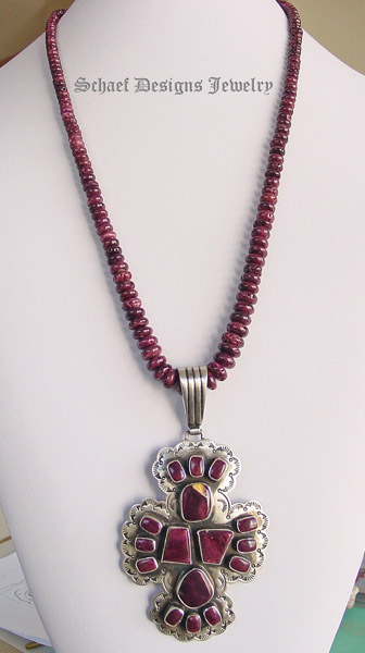 Leroy James purple spiney oyster shell & sterling silver artist signed collectible cross pendant on purple spiny oyster shell necklace by Schaef Designs | online upscale native american jewelry boutique gallery| Schaef Designs Southwestern turquoise Jewelry | San Diego, CA