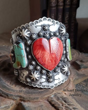 Schaef Designs Large Spiny heart & stars and turquoise boots, sterling silver cuff bracelet | New Mexico