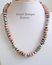 Schaef Designs Sterling Silver & pink peruvian opal Southwestern style tube & bench bead necklace | Southwestern Basics Collection | Native American Jewelry | online upscale native American & southwestern jewelry boutique gallery| Schaef Designs Southwestern turquoise Jewelry | New Mexico 
